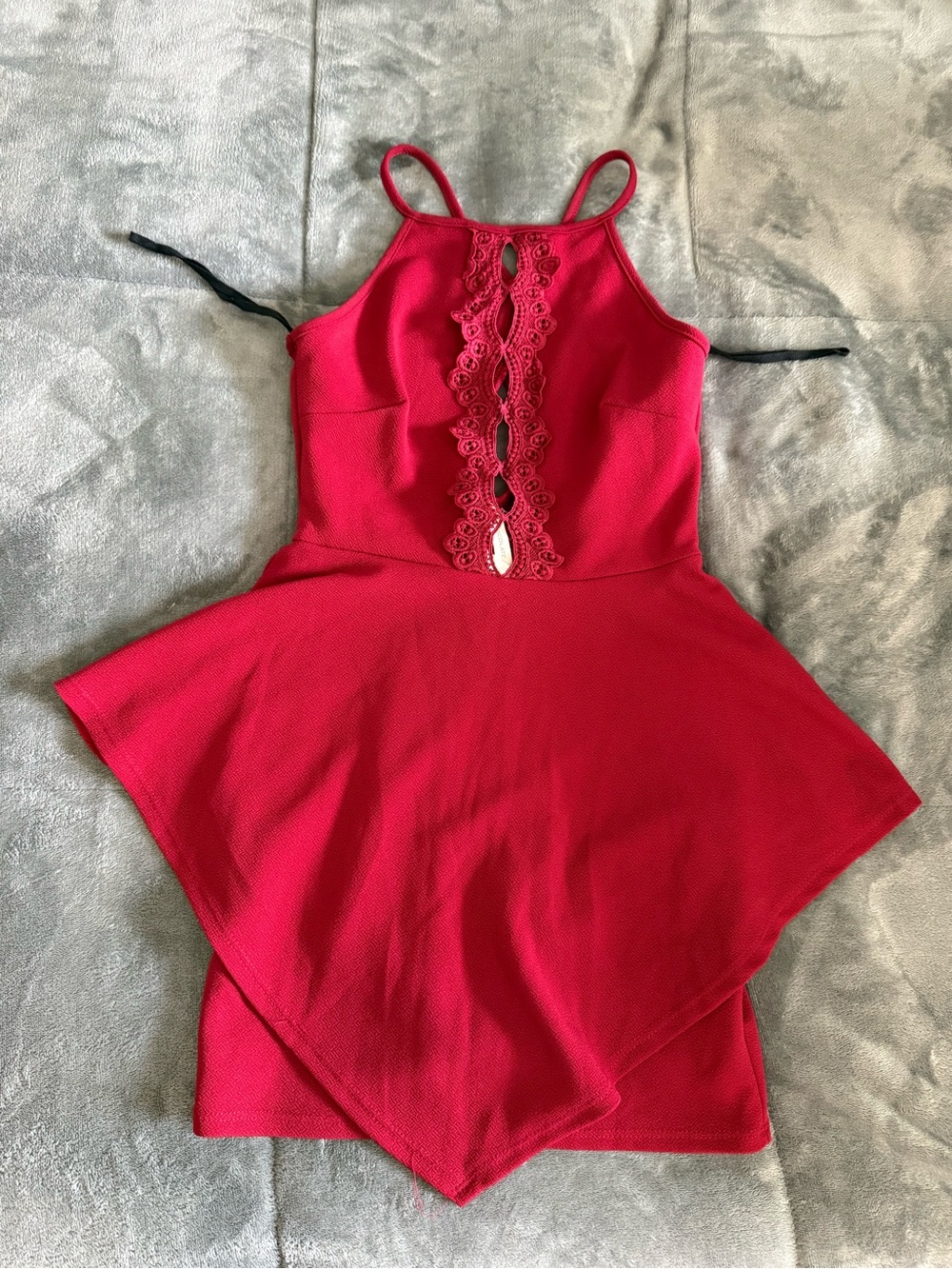 Chocolate Hot Pink One-Shoulder Lace-Trim Handkerchief Hem Dress